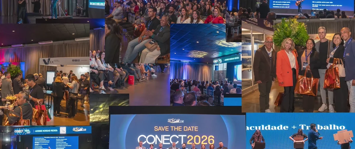 Mosaico de fotos das edições anteriores do CONECT: palestras, plateia, credenciamento e networking
